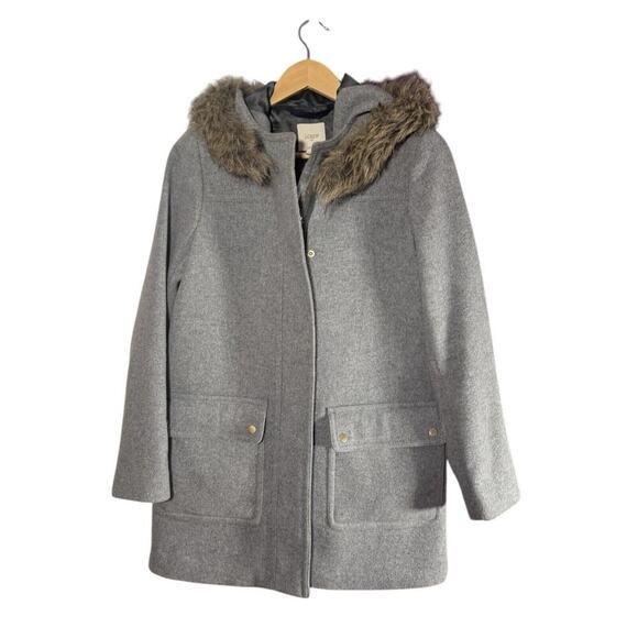 J Crew Vail Parka Womens Jacket Wool Faux Fur Trim Hood Coat  Gray  Size 4‎ - Picture 1 of 10